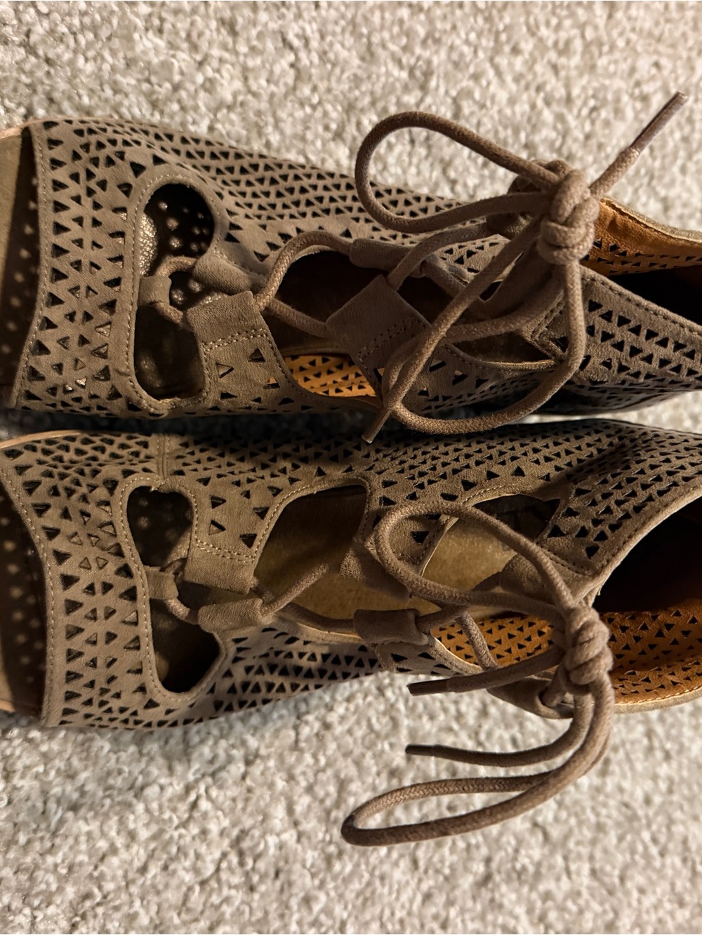 BKE Taupe Laser-Cut Lace-Up Peep-Toe Heels